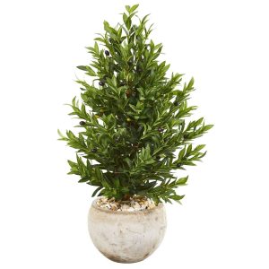 Topiary Trees | 3' Olive Cone Topiary Artificial Tree in Sand Stone Planter (Indoor/Outdoor) Artificial Trees Olive Tree Collection