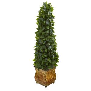 Topiary Trees | 38" Sweet Bay Cone Topiary Artificial Tree in Decorative Metal Planter Artificial Trees Topiary Trees