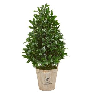 Topiary Trees | 39" Bay Leaf Cone Topiary Artificial Tree in Farmhouse Planter Artificial Trees Topiary Trees