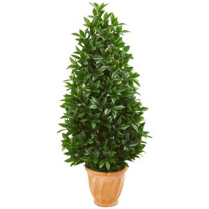 Topiary Trees | 4.5' Bay Leaf Cone Topiary Artificial Tree in Terra Cotta Planter(Indoor/Outdoor) Artificial Trees Topiary Trees