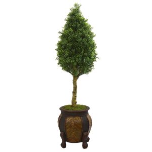 Topiary Trees | 4.5' Boxwood Cone Artificial Tree in Decorative Planter Artificial Trees Cypress Trees