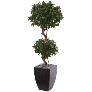 Topiary Trees | 4.5' Sweet Bay Artificial Double Topiary Tree in Black Wash Planter Artificial Trees Topiary Trees