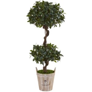 Topiary Trees | 4.5' Sweet Bay Double Topiary Tree in Farmhouse Planter Artificial Trees Topiary Trees