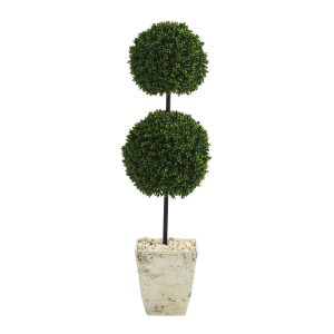 Topiary Trees | 4' Boxwood Double Ball Artificial Topiary Tree in Country White Planter (Indoor/Outdoor) Artificial Trees Other Varieties