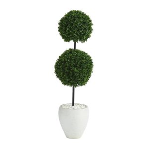 Topiary Trees | 4' Boxwood Double Ball Artificial Topiary Tree in White Planter(Indoor/Outdoor) Artificial Trees Other Varieties