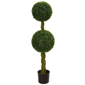 Topiary Trees | 4' Boxwood Double Ball Artificial Topiary Tree with Woven Trunk UV Resistant (Indoor/Outdoor) Artificial Trees Topiary Trees