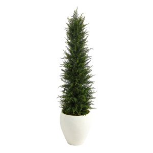 Topiary Trees | 4' Cypress Artificial Tree in White Planter UV Resistant (Indoor/Outdoor) Artificial Trees Topiary Trees