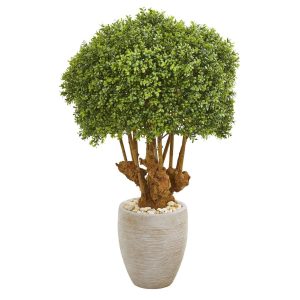 Topiary Trees | 41" Boxwood Artificial Topiary Tree in Sandstone Planter (Indoor/Outdoor) Artificial Trees Topiary Trees