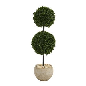 Topiary Trees | 45" Boxwood Double Ball Artificial Topiary Tree in Sand Colored Planter (Indoor/Outdoor) Artificial Trees Other Varieties