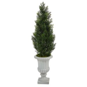 Topiary Trees | 46" Mini Cedar Artificial Pine Tree in Decorative Urn UV Resistant (Indoor/Outdoor) Artificial Trees Topiary Trees