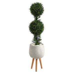 Topiary Trees | 4’ Boxwood Double Ball Topiary Artificial Tree in White Planter with Stand (Indoor/Outdoor) Artificial Trees Topiary Trees