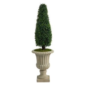 Topiary Trees | 4’ Boxwood Tower Artificial Topiary Tree in Sand Finished Urn UV Resistant (Indoor/Outdoor) Artificial Trees Topiary Trees