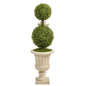 Topiary Trees | 4’ Double Boxwood Topiary Artificial Tree in Sand Finished Urn Artificial Trees Topiary Trees