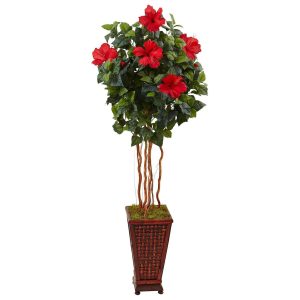 Topiary Trees | 5' Hibiscus Tree in Decorated Wooden Planter Artificial Trees Flowering Trees