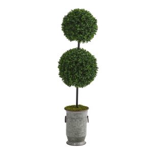 Topiary Trees | 50" Boxwood Double Ball Artificial Topiary Tree in Vintage Metal Planter(Indoor/Outdoor) Artificial Trees Other Varieties