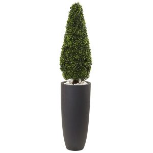 Topiary Trees | 50" Boxwood Topiary with Gray Cylindrical Planter UV Resistant (Indoor/Outdoor) Artificial Plants Plants in Decorative Planter