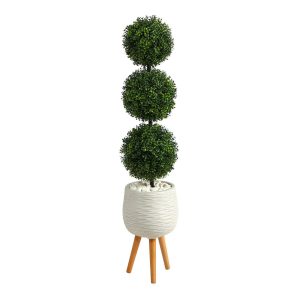 Topiary Trees | 51" Boxwood Triple Ball Topiary Artificial Tree in White Planter with Stand (Indoor/Outdoor Artificial Trees Topiary Trees