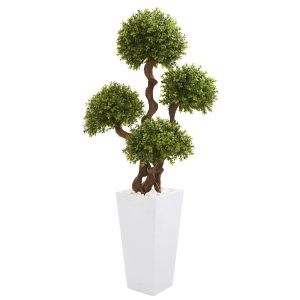 Topiary Trees | 55" Four Ball Boxwood Artificial Topiary Tree in Tall White Planter Artificial Trees Topiary Trees