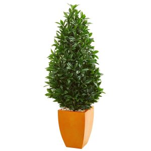 Topiary Trees | 57" Bay Leaf Artificial Topiary Tree in Orange Planter(Indoor/Outdoor) Artificial Trees Topiary Trees