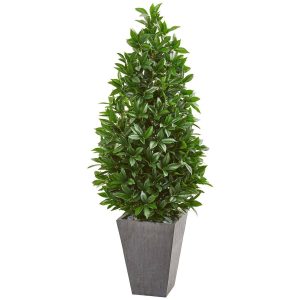 Topiary Trees | 57" Bay Leaf Cone Topiary Tree in Slate Planter (Indoor/Outdoor) Artificial Trees Topiary Trees