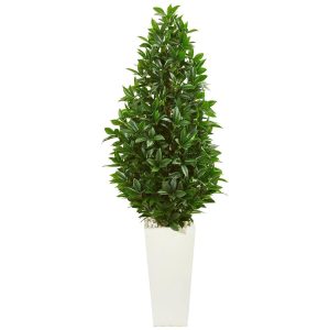 Topiary Trees | 63" Bay Leaf Cone Topiary Artificial Tree in White Planter (Indoor/Outdoor) Artificial Trees Topiary Trees