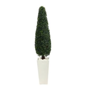 Topiary Trees | 63" Boxwood Topiary Artificial Tree in Tall White Planter(Indoor/Outdoor) Artificial Trees Topiary Trees