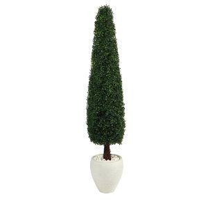 Topiary Trees | 63" Boxwood Topiary Artificial Tree in White Planter (Indoor/Outdoor) Artificial Trees Topiary Trees