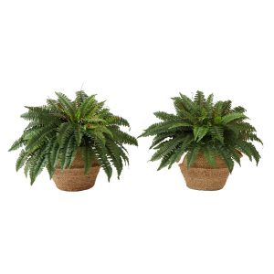 Trees with Planters | 23" Artificial Boston Fern Plant with Handmade Jute & Cotton Basket with Handles DIY KIT – Set of 2 Artificial Plants Ferns