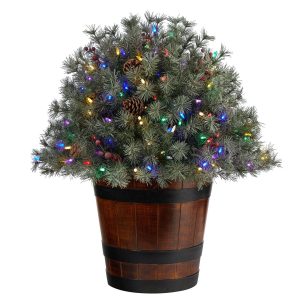 Trees with Planters | 26" Flocked Shrub with Pinecones, 150 Multicolored LED Lights and 280 Branches in Planter Artificial Plants Plants in Decorative Planter