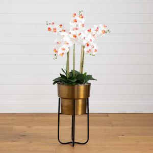 Trees with Planters | 48" Artificial Orchid Arrangement in Brass Metal Planter with Stand Artificial Flowers Orchids