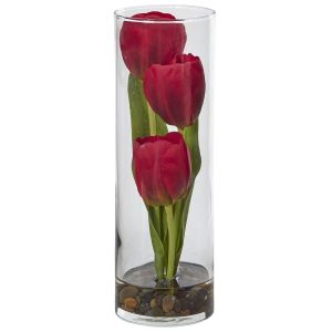 Tulips | 10" Tulips in Cylinder Glass" Artificial Flowers Tulips