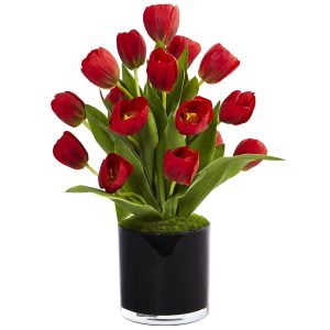 Tulips | Tulips in Black Glossy Cylinder Red Artificial Flowers Red