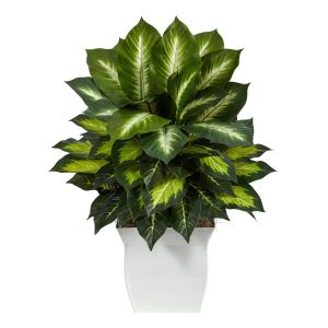 Floor Plants | 2’ Golden Dieffenbachia Artificial Plant in White Metal Planter Artificial Plants Floor Plants