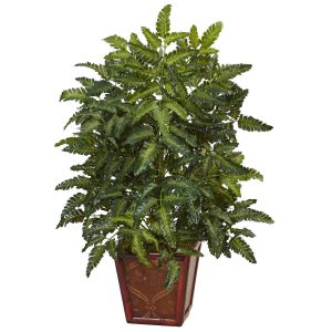 Floor Plants | Bracken Fern in Wooden Planter Artificial Plants Floor Plants