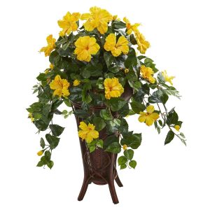 Floor Plants | Hibiscus Artificial Plant in Stand Planter Artificial Plants Floor Plants