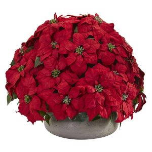 Floor Plants | Large Poinsettia Artificial Plant in Stone Planter Artificial Flowers Floor Plants