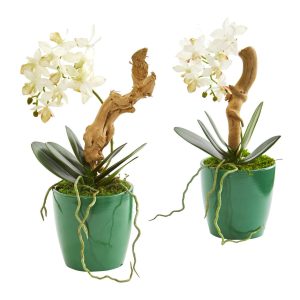 Orchids | Mini Phalaenopsis Orchid Artificial Arrangement in Green Planter (Set of 2) Artificial Flowers Orchids