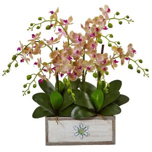 Orchids | Phalaenopsis Orchid Arrangement in Decorative Wood Vase Artificial Flowers Orchids