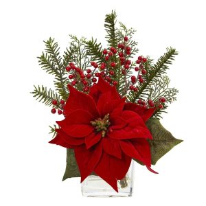 Poinsettias | Poinsettia, Pine and Berries in Vase Artificial Arrangement Artificial Flowers Poinsettias