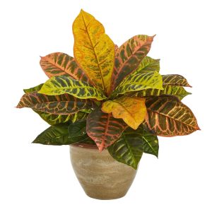 Desk Plants | 15" Garden Croton Artificial Plant in Ceramic Planter (Real Touch) Artificial Plants Desk Plants