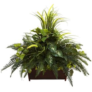 Ferns | Mixed Grass & River Fern Wood Planter Artificial Plants Ferns