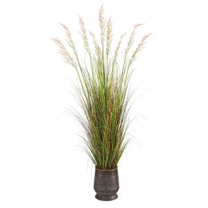 Floor Plants | 6' Grass Artificial Plant in Ribbed Metal Planter Artificial Plants Floor Plants