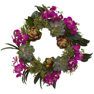 Summer Wreaths & Garlands | 20" Orchid, Artichoke & Succulent Wreath Artificial Plants Artificial Wreaths