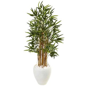 Bamboo Trees | 4’ Bamboo Tree in White Oval Planter Artificial Trees Bamboo Trees