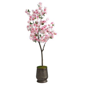 Flowering Trees | 5.5' Cherry Blossom Artificial Tree in Ribbed Metal Planter Artificial Trees Flowering Trees