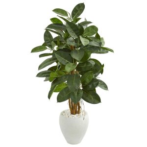 Other Varieties | 53" Artificial Rubber Tree in White Planter Artificial Trees Other Varieties