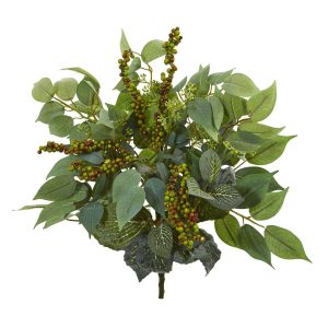 Ficus Trees | 14" Mixed Ficus, Fittonia and Berries Bush Artificial Plant (Set of 6) Artificial Trees Ficus Trees