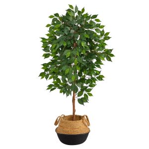 Ficus Trees | 4’ Ficus Artificial Tree in Boho Chic Handmade Cotton & Jute Black Woven Planter Artificial Trees Ficus Trees