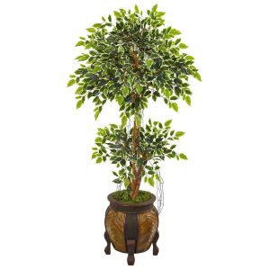 Ficus Trees | 59" Variegated Ficus Artificial Tree in Decorative Planter Artificial Trees Ficus Trees