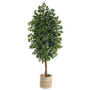 Ficus Trees | 8' Ficus Artificial Tree with Handmade Natural Cotton Multicolored Woven Planter Artificial Trees Ficus Trees